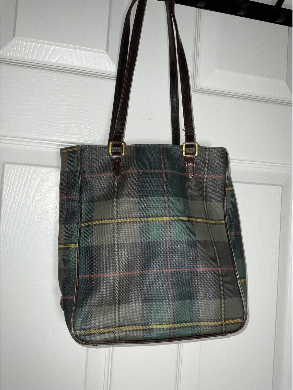Lauren Ralph Lauren Plaid Tote Bag with Brown Leather Straps